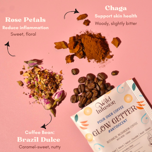 For ANTIOXIDANT | GLOW GETTER Coffee with Chaga, Rose | 10 Packs - Wild Infusion Coffee