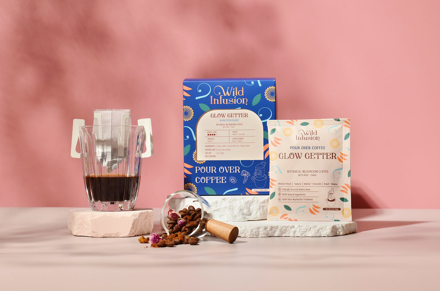 For ANTIOXIDANT | GLOW GETTER Coffee with Chaga, Rose | 10 Packs - Wild Infusion Coffee